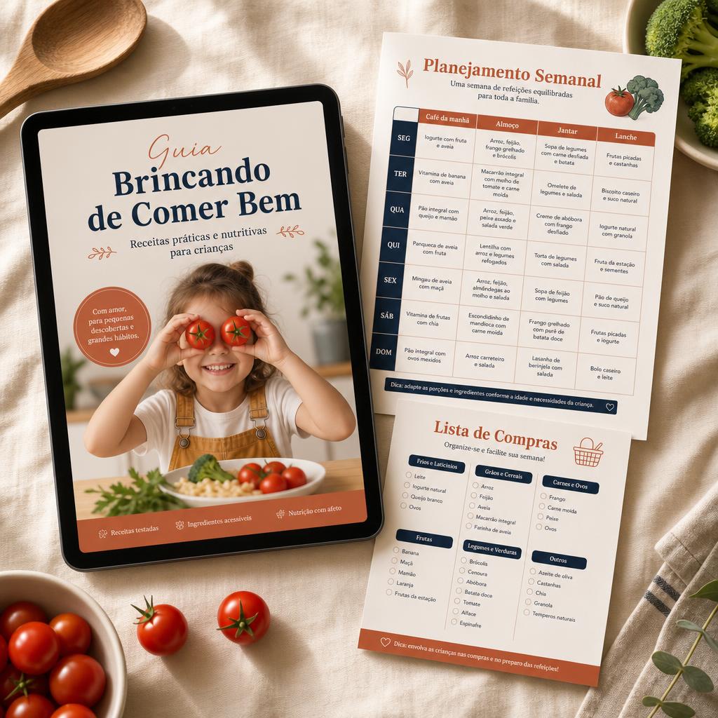 Mockup do Guia Brincando de Comer Bem com tablet, planner semanal e lista de compras